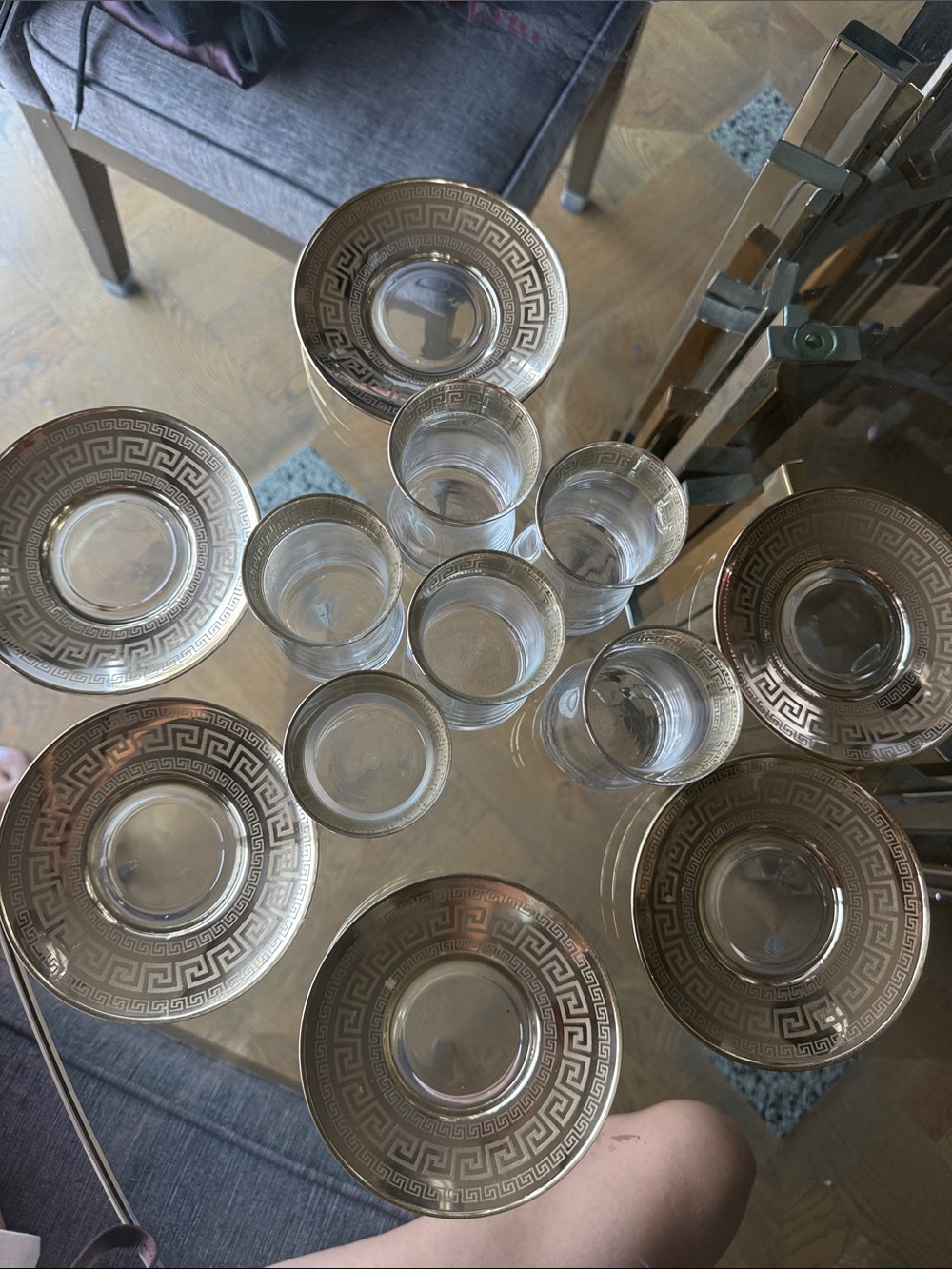 Clear Glass Tea Cup and Saucer Set with Gold Greek Key Accent